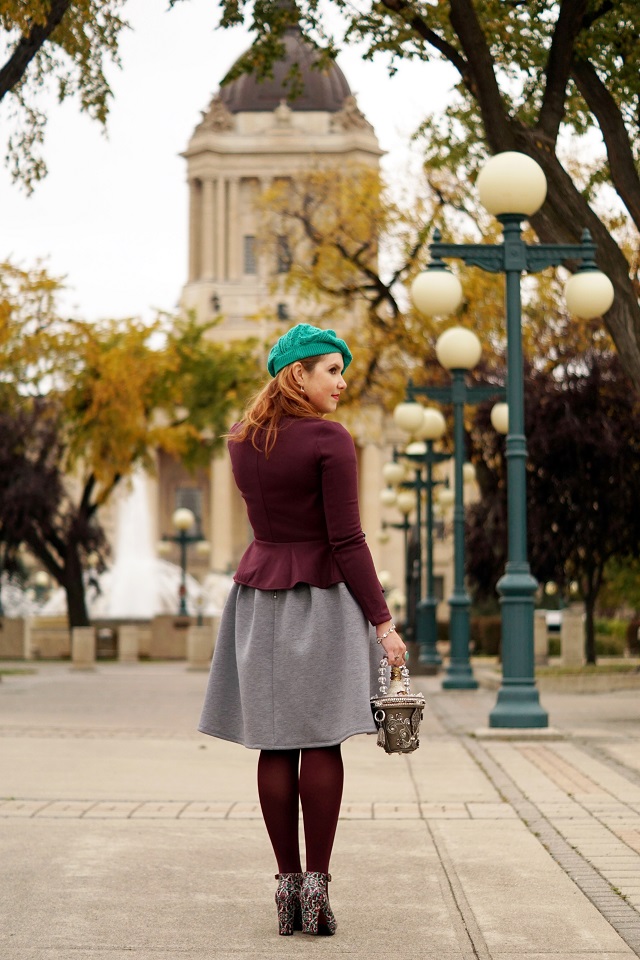 Winnipeg Style, Chie Mihara patent leather suede Norman wine tile print ankle strap shoes, H&M wine peplum blazer jacket, Mary Frances On ice wine bucket novelty clutch bag, Forever 21 heather grey a line skirt, Lord & Taylor cashmere green sweater, Ada collection leather wrap belt
